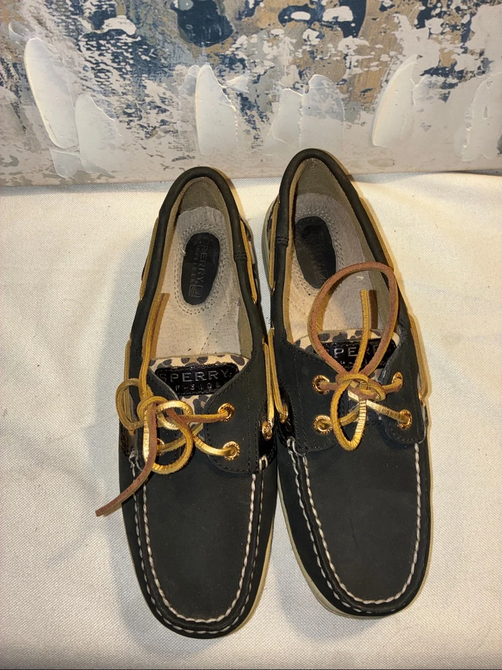 Genuine Sperry Black Leather Boat Shoes with Leopard Accent - Women’s Size 7.5
